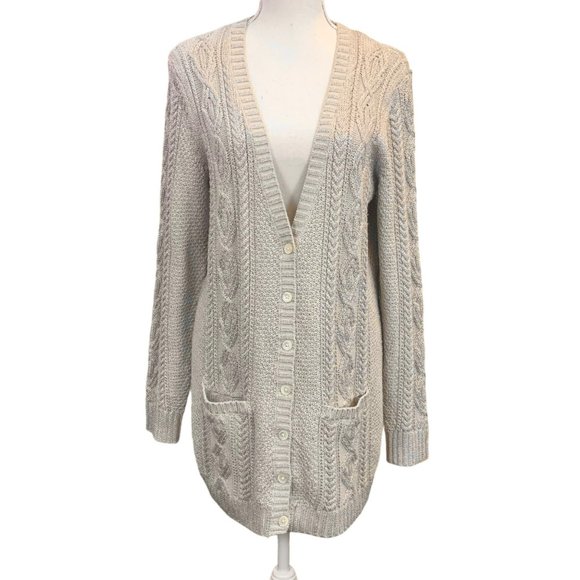 Lauren Ralph Lauren Sweaters - Lauren Ralph Lauren Aran Cable Knit Cardigan In Stone Metallic Size XL Sparkly